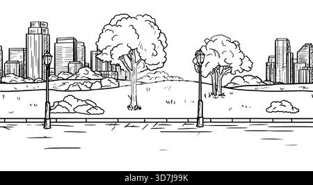 La silhouette d'une mégalopole à l'horizon et d'un parc urbain, croquis noir et blanc. Illustration vectorielle. Buissons dans l'herbe et le trottoir, se Illustration de Vecteur