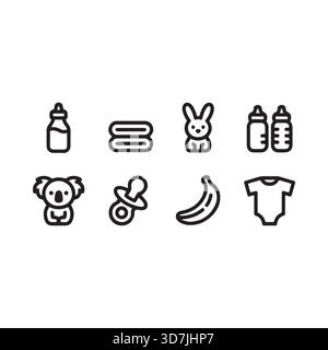 Une collection de charmantes icônes en noir et blanc représentant les essentiels pour bébé comme des biberons, des sucettes, des vêtements et des jouets pour les soins des nourrissons. Illustration de Vecteur