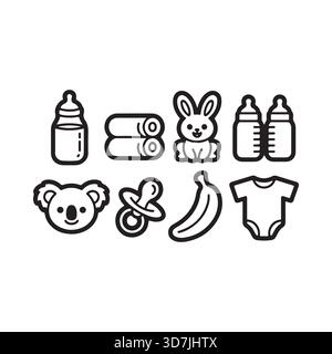 Une collection de charmantes icônes en noir et blanc représentant les essentiels pour bébé comme des biberons, des sucettes, des vêtements et des jouets pour les soins des nourrissons. Illustration de Vecteur