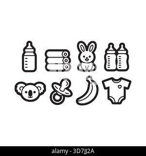 Une collection de charmantes icônes en noir et blanc représentant les essentiels pour bébé comme des biberons, des sucettes, des vêtements et des jouets pour les soins des nourrissons. Illustration de Vecteur