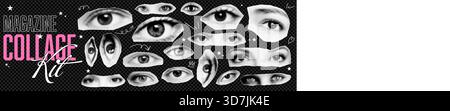 Pack collage avec des éléments d'oeil de femme. Effet autocollant déchirure avec vibrations girly. Grunge paquet de demi-teintes avec gribouillage gribouillage au bg transparent comme un pn Illustration de Vecteur
