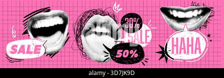 Ensemble de bouche de collage avec des bulles de parole. Concept de vente. Gribouillage et effet demi-ton. Avec des étoiles irrégulières et des carreaux roses bg. Fun et audacieux Vect Illustration de Vecteur
