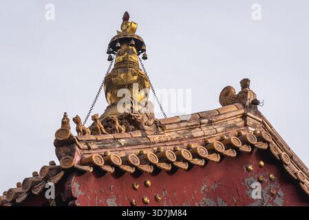 Gros plan sur un élément de toit dans le temple Yonghe, communément appelé temple Lama à Pékin, capitale de la Chine Banque D'Images