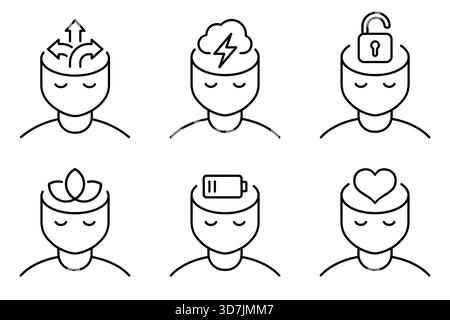 Ensemble d'icônes de ligne de santé mentale : prise de décision, stress, ouverture d'esprit, pleine conscience, fatigue, et empathie. Les contours de la tête de l'homme concernant le problème contemporain Illustration de Vecteur