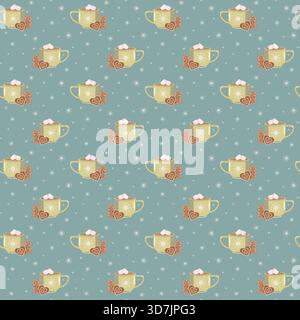 Motif festif sans couture avec des tasses jaunes de chocolat chaud et de guimauves, des coeurs en pain d'épices et des arbres sur un fond sarcelle avec des flocons de neige Illustration de Vecteur
