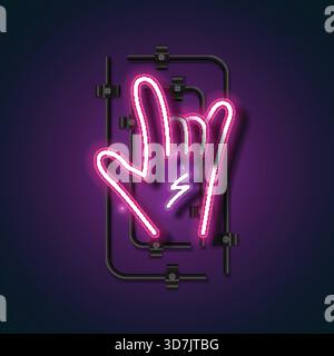 Une illustration audacieuse de style néon d'une main rose brillante faisant un geste de pierre ou de shaka, avec un petit éclair violet sur la paume. Définir contre Illustration de Vecteur