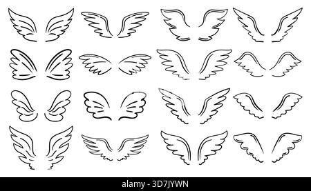 Ailes d'ange dessinées à la main avec des lignes de contour noires, créées dans un style d'esquisse minimal. Idéal pour collage, projet de tatouage, vacances, carte, affiche, spiri Illustration de Vecteur