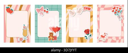 Des feuilles de notes rétro groovy et des cartes dans un style coloré à carreaux et rayures avec des autocollants de Saint-Valentin tels que ballon coeur, cocktail de lait, fraise Illustration de Vecteur