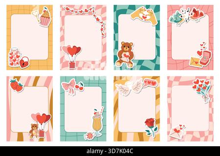 Ensemble de feuilles de notes rétro groovy et de cartes avec des motifs à carreaux et à rayures. Comprend des cadres et des éléments de la Saint Valentin comme ours en peluche, Hear Illustration de Vecteur