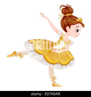 Mignonne ballerine fille dans un tutu doré dansant gracieusement, aquarelle style de livre pour enfants. Parfait pour les contes de fées, décor de crèche, affiche d'école de danse Banque D'Images