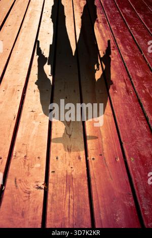Ombre d'un tireur tenant des pistolets, projetée sur des planches de bois rouge dans un éclairage dramatique Banque D'Images