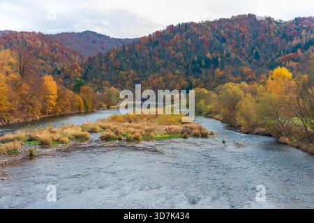 Scène de rivière d'automne avec collines colorées, eau tranquille et feuillage doré le long des rives. Dunajec, Tylmanowa, Pologne, Gorce. Idéal pour la nature, Banque D'Images