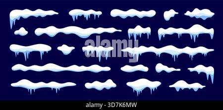Dessins animés Noël calottes de neige d'hiver et dérives de glace, frontières glacées vectorielles. Chapeaux de neige sur les piles enneigées de fenêtre ou de toit pour la décoration saisonnière de Noël, ambiance cosy de vacances de Noël et actifs de jeu d'hiver Illustration de Vecteur