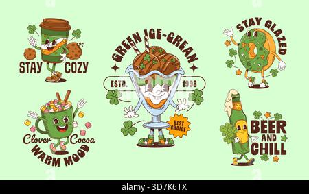 Autocollants de personnages de St Patrick groovy pour t-shirt imprimé et affiches, vecteur de dessin animé. Personnages de St Patrick, bière de bière verte groovy groovy de vacances irlandaises avec trèfle de trèfle et café avec drapeau de l'Irlande Illustration de Vecteur