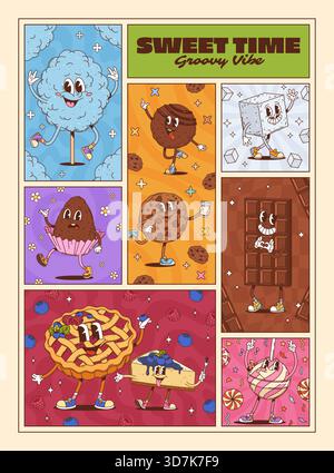 Bonbons et desserts groovy personnages affiches, pâtisserie rétro vectorielle et confiserie. Barre de chocolat groovy de dessin animé, tarte aux fruits et cheesecake, biscuits, sucette et personnages de sucre, affiches de boulangerie Illustration de Vecteur