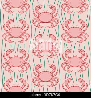 Modèle sans couture avec des crabes roses dessinés à la main et des algues vertes sur fond rose clair Illustration de Vecteur
