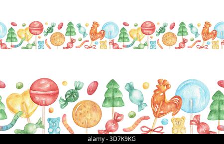 Bordure sans couture de sucettes à l'aquarelle, bonbons, et serpents et ours en gomme. Sucettes rondes et bonbons en forme de coeur. Fond festif de bonbons roses, jaunes, bleus pour l'emballage, salutations. Banque D'Images