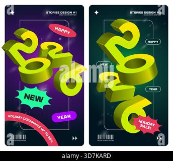 Deux modèles de publication sociale verticaux avec des numéros 3D 2026 et des éléments de design minimaliste tendance. Design typographique contemporain avec des couleurs fluo et des dégradés doux. Graphiques vectoriels EPS10 modifiables. Illustration de Vecteur