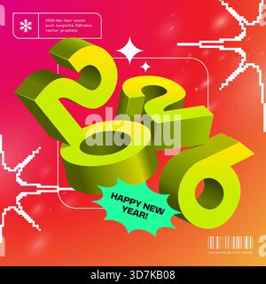 Modèle de publication sociale moderne avec des numéros 3D verts 2026 inclinés chaotiquement. Couleurs fluo tendance. Arrière-plan dégradé rouge doux. Design typographique de style contemporain. Graphiques vectoriels EPS10 modifiables. Illustration de Vecteur