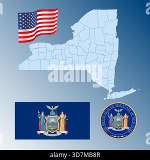 New York État fédéral américain agitant drapeau, sceau et carte, États-Unis, illustration vectorielle Illustration de Vecteur