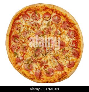 Grande pizza complète pepperoni jalapeno salami vue d'en haut, vue de dessus isolée sur fond blanc, découpée, pizza ronde à emporter, vrai traditi Banque D'Images