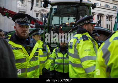 ROYAUME-UNI. 26 novembre 2025. MANIFESTATION DU JOUR DU BUDGET DES AGRICULTEURS BRITANNIQUES, LONDRES, ANGLETERRE, ROYAUME-UNI. Plusieurs personnes ont été arrêtées après que des fermiers ont conduit des tracteurs dans le centre de Londres malgré les restrictions de la police pour une manifestation du budget Day contre des projets visant à imposer des droits de succession aux entreprises agricoles d'une valeur de plus d'un million de livres sterling La police a pris la décision d'interdire les machines agricoles de Whitehall pour éviter les « perturbations graves » que les véhicules pourraient avoir causées. Deux tracteurs ont été saisis et emmenés par des agents de la police métropolitaine. 26 novembre 2025. Crédit : Jeff Gilbert/Alamy Live News Banque D'Images