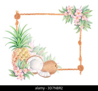 Cadre de corde aquarelle tropicale avec fleurs d'ananas, de noix de coco et de plumeria isolées sur blanc. Bordure botanique de fruits exotiques. Banque D'Images
