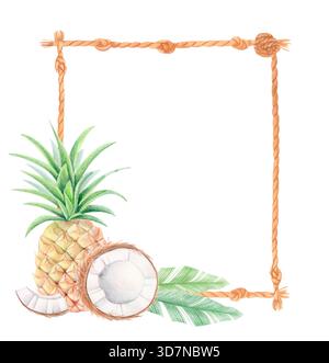 Cadre de corde aquarelle tropicale avec des feuilles d'ananas, de noix de coco et de banane isolées sur blanc. Bordure botanique de fruits exotiques. Banque D'Images