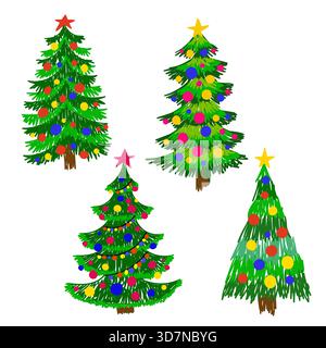 Un ensemble d'arbres de Noël dessinés à la main. Dessins d'enfants mignons et simples. Isolé sur fond blanc. Convient pour le décor de Noël et du nouvel an, env Illustration de Vecteur