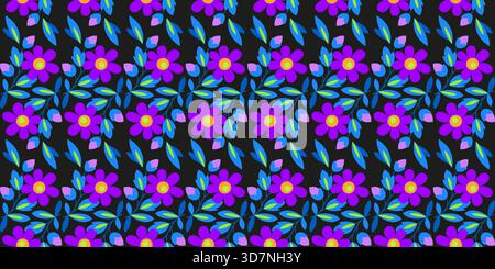 Motif magique sans couture de fleurs. Ornement de plante sombre et lumineux. Fleurs bleues violettes sur fond noir. Décor linéaire floral pour textile, papier peint Illustration de Vecteur
