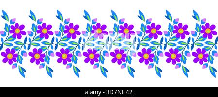Bordure magique sans couture de fleurs. Ornement de plante sombre et lumineux. Fleurs bleues violettes sur fond noir. Décor linéaire floral pour textile, papier peint Illustration de Vecteur