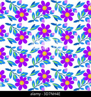 Fleurs bleues violettes sur fond blanc. Motif magique sans couture de fleurs. Ornement de plante froide brillante. Décor linéaire floral pour textile, papier peint Illustration de Vecteur