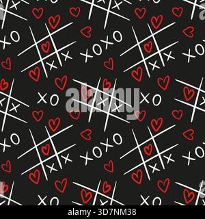 motif sans couture. Minuscule vecteur doodle TIC-tac-toe grille où les cercles deviennent des cœurs, des dessins au trait ludiques, des formes fantaisistes, des ombres subtiles, charmantes et Illustration de Vecteur