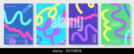 Ensemble de quatre affiches vectorielles abstraites avec des squiggles colorés dessinés à la main. Collection de design de fond vertical multicolore pour couverture, médias sociaux Illustration de Vecteur