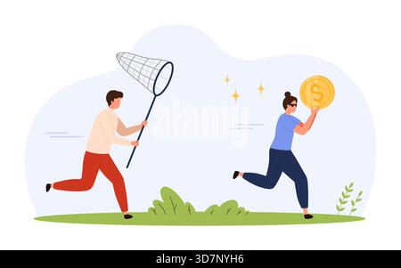 Concept d'arnaque financière montrant un homme poursuivant une voleuse en cours d'exécution avec une pièce d'or symbolisant la fraude en ligne, le vol, la tromperie et l'illustration vectorielle isolée de la cybercriminalité Illustration de Vecteur