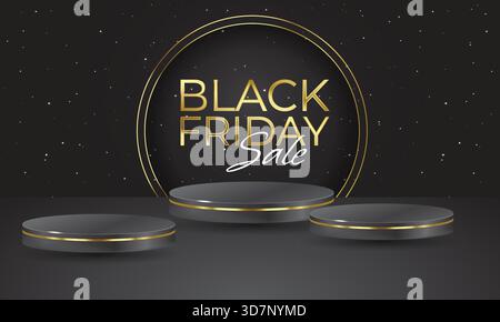 Bannière de soldes du vendredi fou brillante avec podium. Typographie symbole de texte minimal pour la vente du vendredi fou avec offre de réduction. Modèle de conception pour Black Friday Illustration de Vecteur