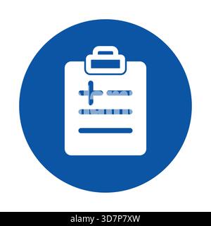 Cette image présente une icône de presse-papiers médical avec un signe plus placé sur un fond circulaire bleu, symbolisant les soins de santé et les soins aux patients. Illustration de Vecteur