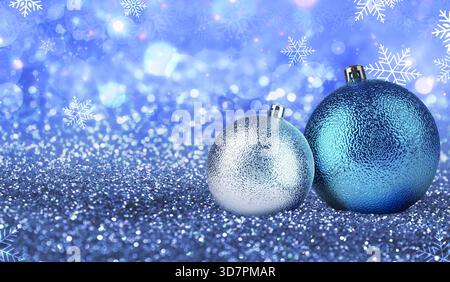 Carte joyeux Noël et bonne année avec boules festives, flocons de neige et paillettes Banque D'Images