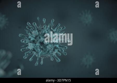 Illustration tridimensionnelle, gros plan du microscope virus de la grippe sur fond bleu Banque D'Images