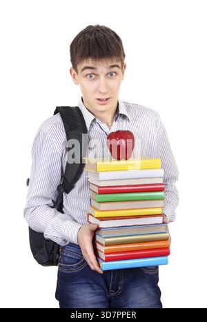 Surpris étudiant avec le sac à couteaux tenant les livres isolés sur le fond blanc Banque D'Images