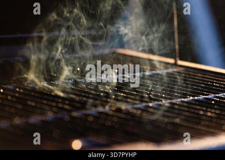 Ouvrez le gril vide avec la grille et fumez. Banque D'Images