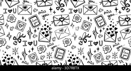 Motif sans couture de lettre d'amour avec enveloppe et timbre dans le style d'esquisse de doodle. Dessin au trait noir et blanc dessiné à la main avec des éléments simples. Idéal pour la conception de Saint-Valentin ou fond de carte romantique. Illustration de Vecteur
