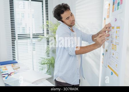 Un concepteur créatif travaille sur la planification UX/UI, analysant des croquis et des prototypes sur un tableau blanc tout en utilisant un ordinateur portable. Le processus montre la pensée de conception Banque D'Images