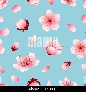 Fleurs de cerisier japonaises dans la conception plate sur fond bleu Seamless Pattern, idéal pour la marque commerciale, les en-têtes de médias sociaux et les produits de décoration intérieure Illustration de Vecteur