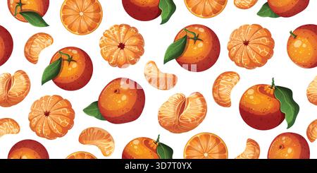 Tangerines Seamless Pattern - agrumes frais entiers, pelés, coupe transversale et tranches individuelles illustration vectorielle de fond Illustration de Vecteur