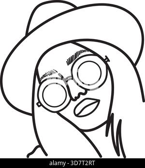 Dessin minimaliste d'une femme portant un chapeau et des lunettes rondes Illustration de Vecteur