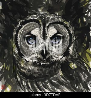 Portrait de chouette aux yeux bleus intenses en aquarelle expressive Illustration de Vecteur