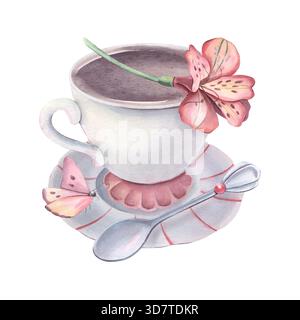 Service à thé en céramique, tasse, soucoupe, cuillère à café, fleur d'alstroemeria, papillon. Illustration aquarelle peinte à la main isolée sur blanc pour impression, affiche Banque D'Images