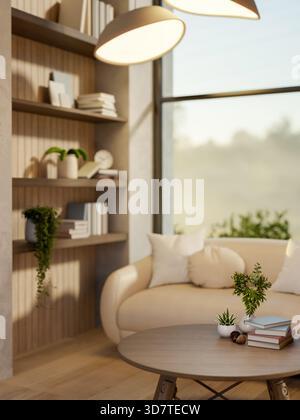 Une table ronde en bois sous lampe et canapé blanc dans un salon avec vue sur la nature à l'extérieur. Etude ou coin de travail, rendu 3D, illustration 3D. Banque D'Images