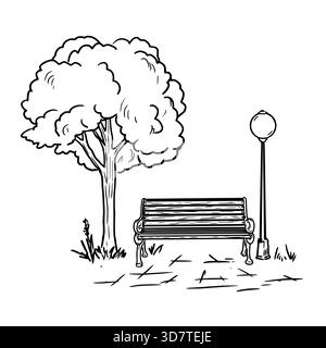 Un arbre et une lanterne de parc, un parterre de fleurs avec des fleurs dans l'herbe, un croquis. Le dessin est dans un style simple, isolé sur un fond blanc. Allée de Illustration de Vecteur